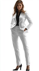 A woman in a white suit is posing for a picture