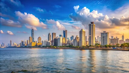 Naklejka premium Majestic Mumbai skyline with towering skyscrapers and waterfront views, Mumbai, India, cityscape