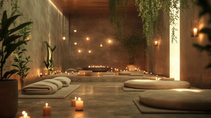 serenity awaits in spa room with comfy cushions and fragrant candles, perfect for reviving your mind and body at a retreat