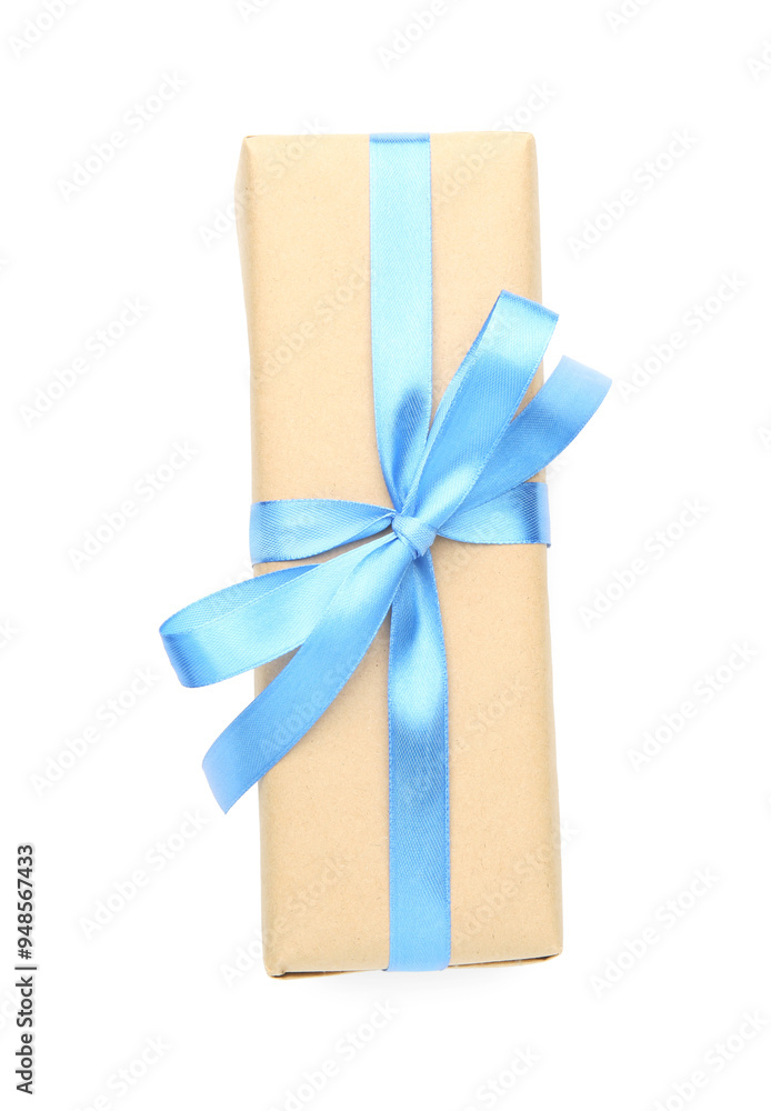 Canvas Prints Gift box with light blue satin bow isolated on white, top view