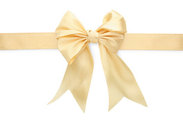 Fototapeta premium Yellow ribbon with bow on white background, top view
