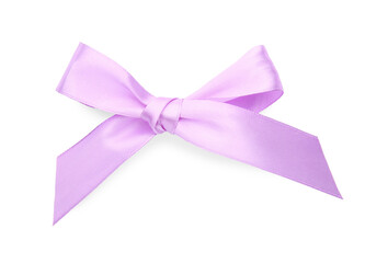 One violet satin bow isolated on white, top view