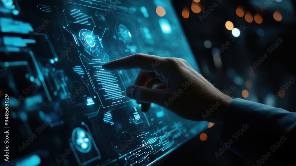 Poster rofessional touching a sleek digital interface with futuristic elements, virtual backdrop