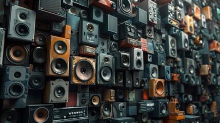 Obraz premium A vibrant collection of various audio speakers stacked together in an artistic arrangement indoors