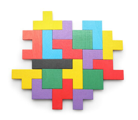 Colorful wooden puzzle pieces isolated on white, top view