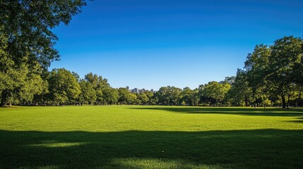 Tranquil park setting with a wide-open lawn and clear skies, leaving ample room for text placement