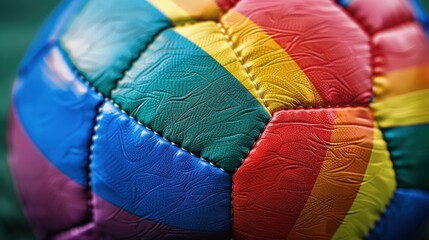 Close up of a soccer ball in vibrant LGBTQ pride colors displayed on a grassy field