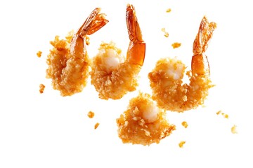 Tender Crispy Breaded Shrimp Suspended in Mid-Air on White Background