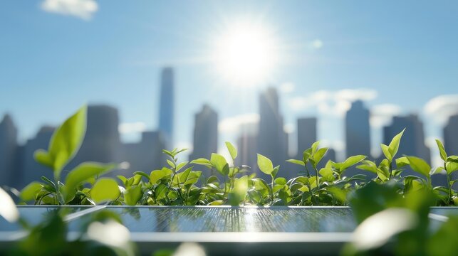 Fototapeta A view of vibrant green leaves in the foreground, framed by a city skyline under a bright sun, symbolizing urban nature.