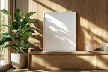 Poster Frame Mockup on Wooden Interior Background created with Generative AI