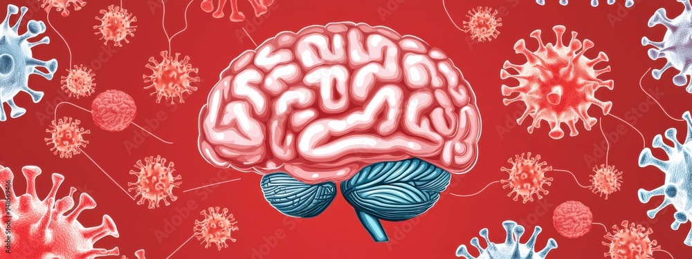 Poster a visual representation of the gut-brain axis, where a network of microorganisms in the gut communic