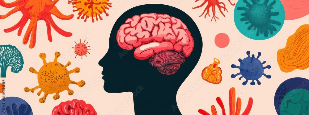 Poster a visual representation of the gut-brain axis, where a network of microorganisms in the gut communic