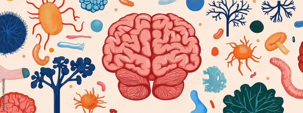 Poster a visual representation of the gut-brain axis, where a network of microorganisms in the gut communic