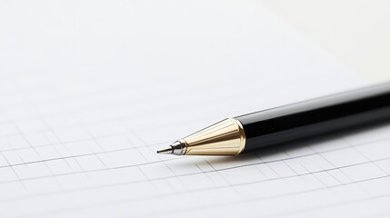 Naklejka premium Close-up of a black pen on grid notebook paper, perfect for writing, note-taking, and office or school supplies.