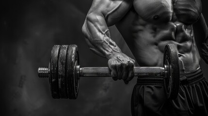Naklejka na ściany i meble A man lifts a heavy dumbbell barbell in a gym during an intense weight training session