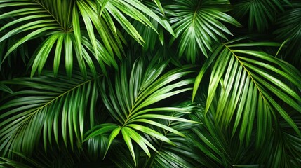 Vibrant green palm leaves overlapping each other, creating a lush tropical background