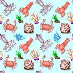 Seamless pattern with shrimp, shellfish, squid. Hand drawn in watercolor style. On a blue background representing the color of the sea.