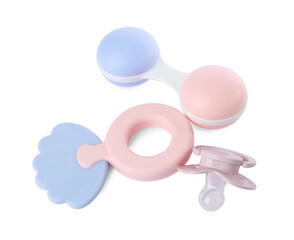 Colorful rattles and pacifier isolated on white. Baby accessories