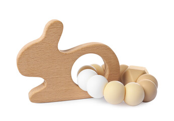 Wooden rattle isolated on white. Baby accessory]