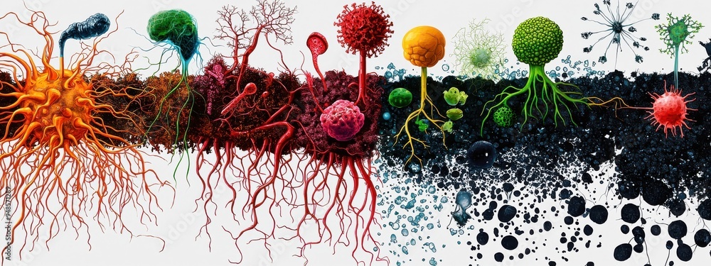 Poster a visualization of the nitrogen cycle, where microorganisms convert nitrogen into various forms that