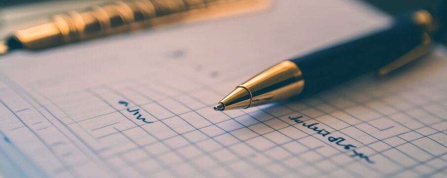 Close-up of a pen and paper with a business plan and logistics layout, symbolizing planning, strategy, and organization.