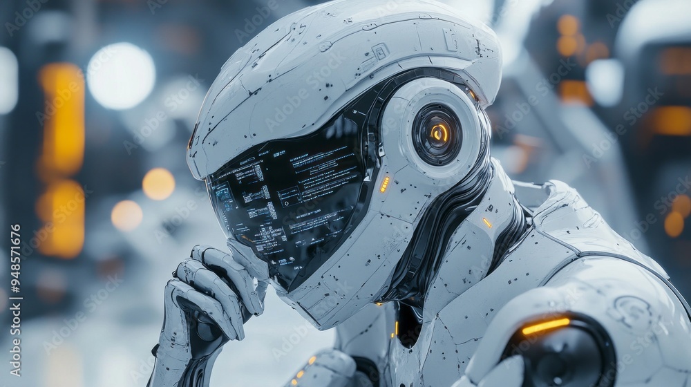 Poster a robot with a white helmet and orange buttons on its head