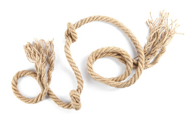 Hemp rope with knots isolated on white, top view