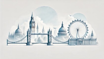 A minimalist illustration of London’s iconic landmarks, including Big Ben, Tower Bridge, Cathedral, and the London Eye, set against a soft, cloud-like background with muted tones. Ai generative.