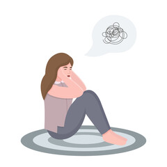 A girl in a psychologist’s office sits on the floor and holds her head with her hands. Mental health concept. Vector flat illustration.