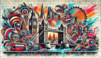 A vibrant mural depicts iconic London landmarks like Big Ben and Tower Bridge, blended with abstract swirls of color, creating a dynamic urban scene on a brick wall. Ai generative