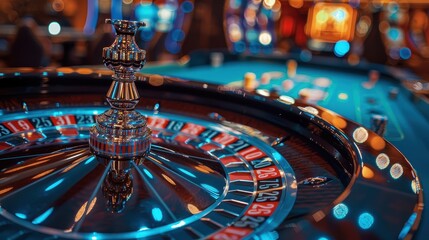 Obraz premium Close-up of a roulette wheel at a lively casino during an evening gaming session