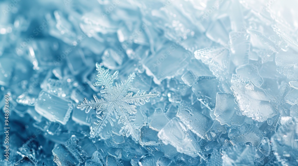 Poster frozen ice with snowflake on a cold winter day, highlighting intricate patterns and colors