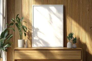 Poster Frame Mockup on Wooden Interior Background created with Generative AI