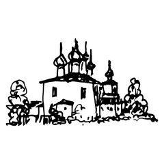 Assumption cathedral of Zheltikov monastery near Tver, Russia. Orthodox temple. Old Russian architecture. Hand drawn linear doodle rough sketch. Black and white silhouette.
