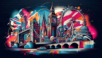 A vibrant mural depicts iconic London landmarks like Big Ben and Tower Bridge, blended with abstract swirls of color, creating a dynamic urban scene on a brick wall. Ai generative