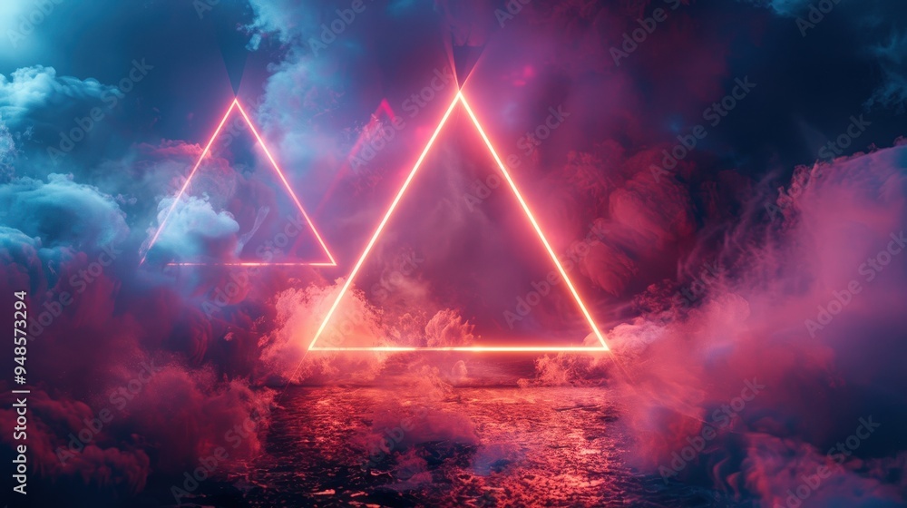 Poster abstract neon glowing triangles illuminated by fog and clouds in a modern design background