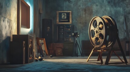A vintage movie reel next to a home theater setup with muted tones