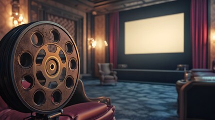 Obraz premium A vintage movie reel next to a home theater setup with muted tones