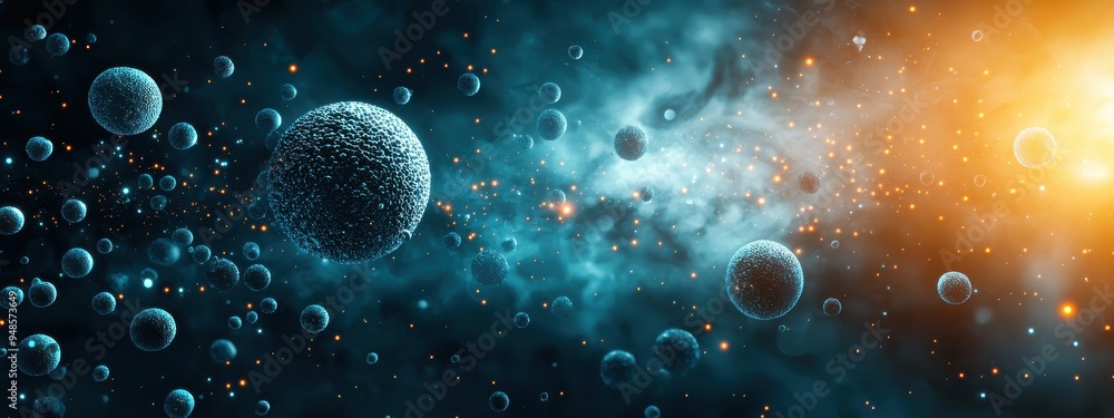 Poster an artistic representation of microorganisms surviving in space, floating around in a vacuum with pr