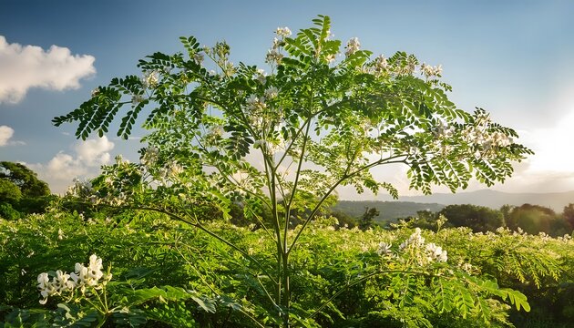 A flourishing moringa tree growing in a sunlit tropical field
