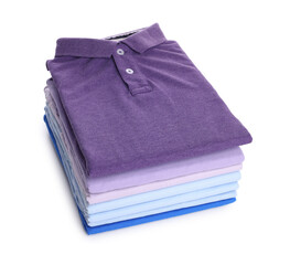 Stack of clean colorful t-shirts isolated on white