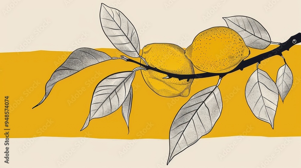 Poster a simple line drawing of lemons hanging from a tree branch set against a vibrant yellow background