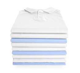 Stack of clean colorful t-shirts isolated on white
