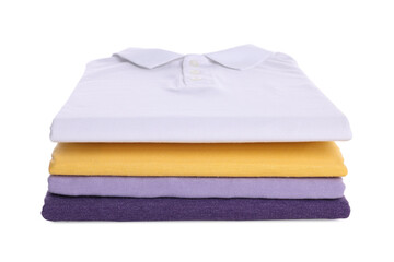 Stack of clean colorful t-shirts isolated on white