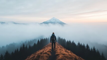 A lone hiker walks on a mountain path surrounded by a golden field with a fog-covered forest and a distant snowy peak, creating a serene and adventurous atmosphere.