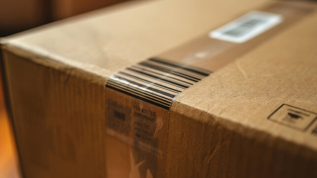 Close-up of a cardboard box with a shipping label, showing the address and barcode clearly.