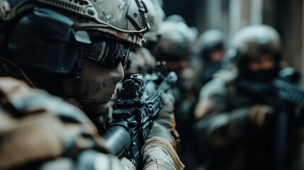 Group of soldiers in full gear and helmets aiming their weapons, capturing a high-intensity military action scenario, reflecting teamwork, determination, and preparedness for combat.