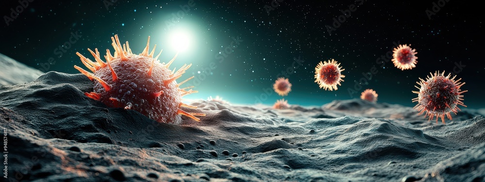 Poster an image of microorganisms surviving on the surface of an asteroid, showing their potential to exist