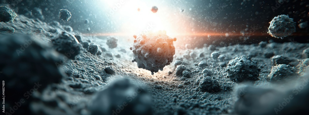 Poster an image of microorganisms surviving on the surface of an asteroid, showing their potential to exist