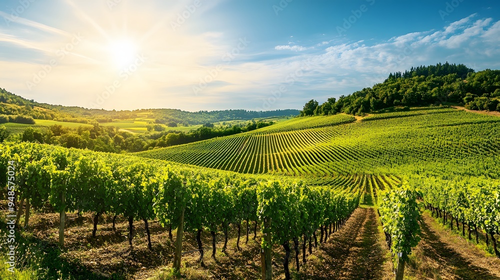Poster 186. **a view of a vineyard with rows of grapevines and a sunny sky.